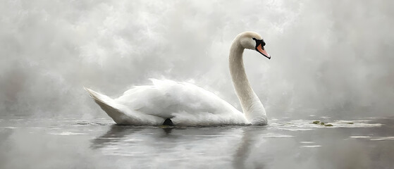 Obraz premium Elegant swan floats misty lake; serene nature scene