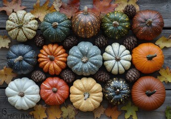 An Array of Colorful Pumpkins and Natural Elements Arranged on a Rustic Wooden Surface Surrounded by Autumn Leaves and Pine Cones