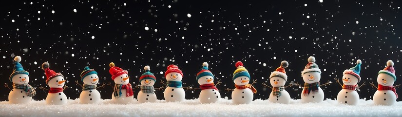 Fototapeta premium Enchanting Snowman Line Illuminated by Soft Lights and Falling Snow, 柔らかな光と降りしきる雪に照らされた魅惑の雪だるまの列.Generative AI