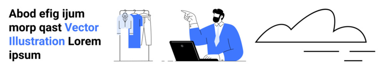 Male character in blue pointing at laptop, clothes rack with blue and white outfits, minimalist cloud sketch. Ideal for remote work, fashion industry, weather forecasting, tech solutions, e-commerce