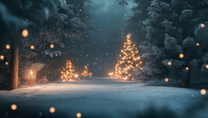 Fototapeta premium Winter Wonderland: Snowy Forest Landscape with Christmas Trees and Glowing Lights