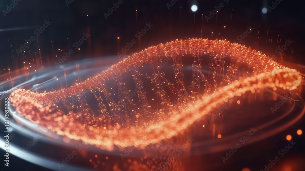 Poster abstract orange particle wave glowing in dark background.