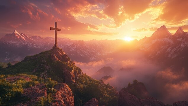 Wooden cross stands tall against a dramatic sky over a vast canyon landscape at sunset, easter themed background