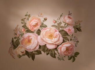 A delicate bouquet of pale pink peonies sits against a softly lit, gray fabric background. The blooms are full and lush, showcasing the beauty of nature's artistry.