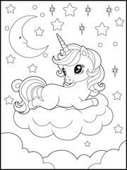 Illustration of a cute baby unicorn cartoon character. Black and white Printable Unicorn coloring page for kids.