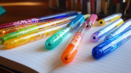 Colorful pens arranged on a notebook.