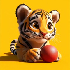 Fototapeta premium Playful Tiger Cub, vibrant 2D cartoon of a tiger cub joyfully engaging with a colorful ball, set against a soft yellow backdrop