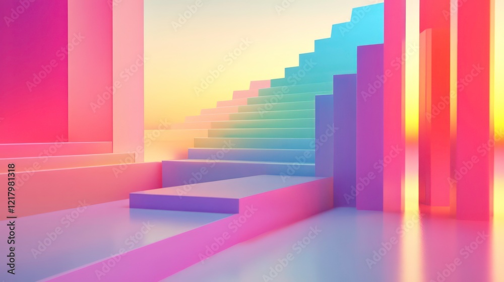 Poster abstract pastel-colored 3d rendering of stairs and platforms in a vibrant, sunlit setting.