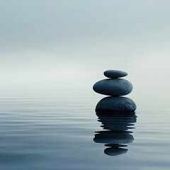 Three smooth stones balanced on calm water, reflecting serenity.