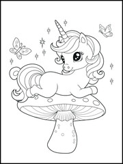 Illustration of a cute baby unicorn cartoon character. Black and white Printable Unicorn coloring page for kids.
