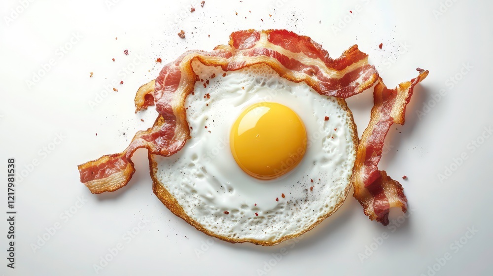 Aufkleber fried egg with crispy bacon and red pepper flakes on white background.
