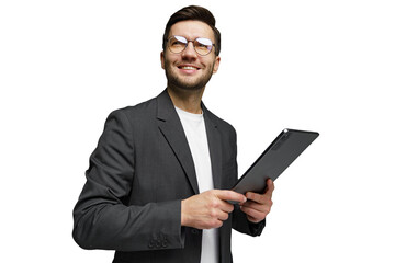 Young professional smiles confidently while using a tablet in a business setting, showcasing...