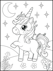 Illustration of a cute baby unicorn cartoon character. Black and white Printable Unicorn coloring page for kids.