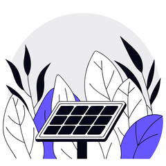 Illustration of a solar panel surrounded by plants in blue tones