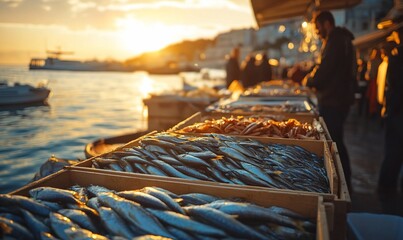 Sunset seafood market, coastal town, fresh fish
