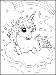 Illustration of a cute baby unicorn cartoon character. Black and white Printable Unicorn coloring page for kids. © laky