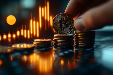 Hand Placing Digital Currency on Stacks of Gold Coins with Growth Chart