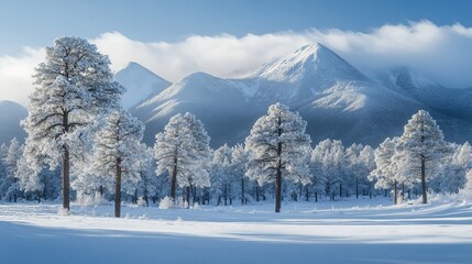 Snow-covered pines, majestic mountains, winter sunrise; scenic nature wallpaper