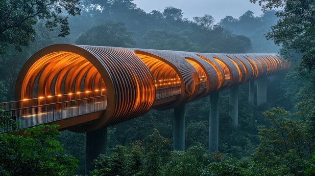 Enchanting Canopy Walkway Illuminated at Twilight Through Dense Forest View