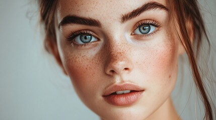 Fototapeta premium Portrait of beautiful freckled girl showing perfect skin and makeup