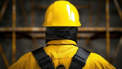 Scaffold worker wearing safety harness, inspecting structural stability, [construction safety], [hazard prevention],