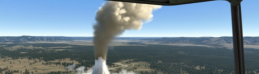 Aerial view of geyser eruption, vast landscape background.  Nature travel photography
