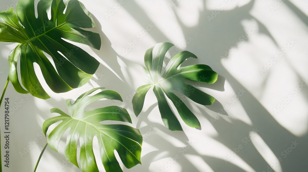 Poster monstera leaves creating shadows on white background
