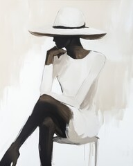 Fashion woman in white, hat, dress, art painting, wall art, design, realistic, textured painting