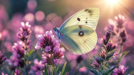 Naklejka premium Pale butterfly on pink flowers in sunlight.