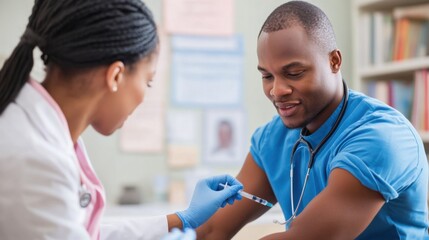 Obraz premium A healthcare worker administering a vaccine to a patient in a sterile clinic, with medical charts visible in the background, Clinical style
