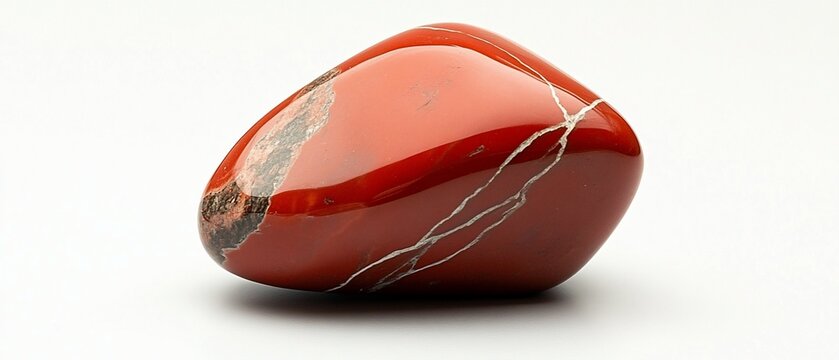 Red jasper tumbled stone, white veins, white background, spiritual healing