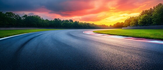Race track curve sunset.  Background trees, motion blur