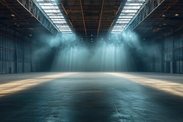 Vast empty warehouse with skylights, hazy light beams. Ideal for showcasing products, creating dramatic scenes, or illustrating industrial concepts.