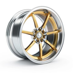 Obraz premium A stylish alloy wheel showcasing a sleek design with gold accents for automotive use. isolated on white background