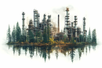 Obraz premium Industrial Island Pollution, Forest, Refinery, Reflection, Environmental