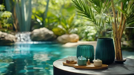 Canvas schilderij Toilet Tranquil spa scene with teal decor, candles, and lush tropical foliage near a pool and waterfall.  © Windi