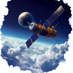 Obraz premium Weather Satellite Monitoring Atmosphere, vibrant 2D cartoon depicting a satellite with intricate details against a clean white backdrop