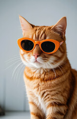 Orange cat with orange glasses looks stylish with a casual pose, highlighting the cool impression. The simple background focuses on the cat's unique style, making it even more charming and special.
