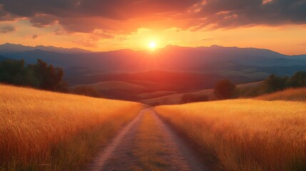 Obraz premium Vibrant sunset over rolling hills and a country road.