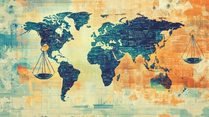 World map with scales of justice, symbolizing global law and balance.