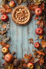 Autumn Raspberry Apple Pie Surrounded by Colorful Fall Leaves and Fresh Apples on Rustic Wooden Table Capturing the Essence of Cozy Seasonal Baking and Harvest Celebrations