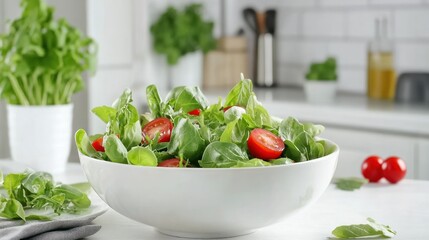 Fresh green salad with cherry tomatoes in a white bowl.