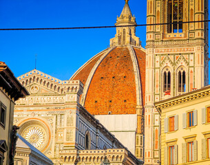 Cathedral of Santa Maria del Fiore. Fragments and elements of Florence Duomo basilica facade. Close...