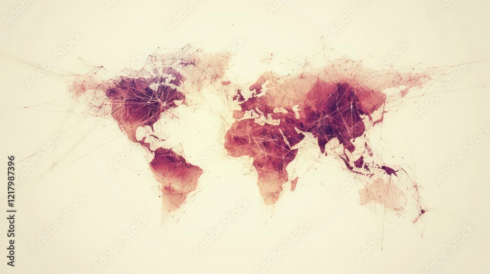 Poster Abstract world map illustration with interconnected lines and nodes.