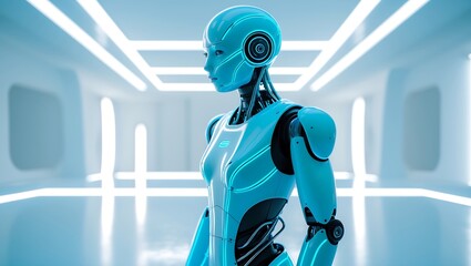 Side Profile of an Elegant AI Robot in a Minimalist High-Tech Setting