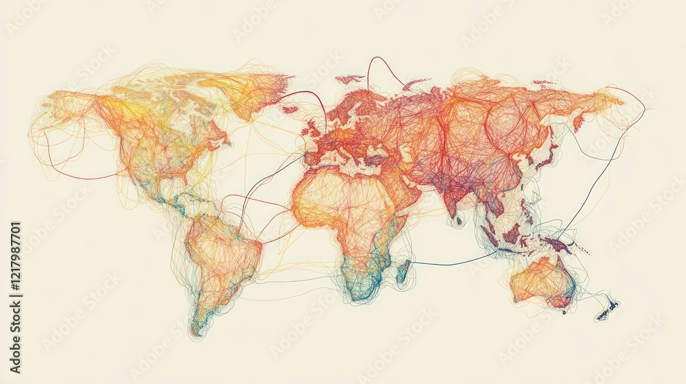 Poster Colorful world map with interconnected lines illustrating global connections and networks.