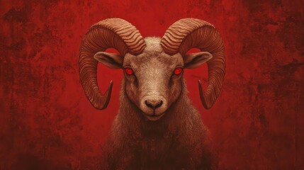 A ram with glowing red eyes against a dark red background.