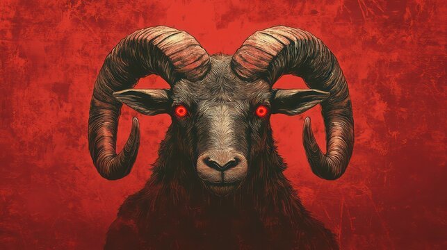 A menacing black ram with glowing red eyes against a dark red background. - Powered by Adobe