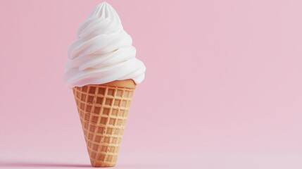 Close-up of a perfect vanilla soft serve ice cream cone against a soft pink background, ideal for food-related promotions.