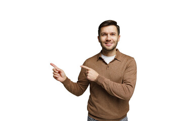 Person smiling while pointing in a clear space, showcasing a friendly and engaging demeanor